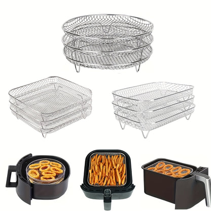 3-Tier Stainless Steel Air Fryer Accessory Set - Stackable, Dishwasher Safe for Ovens & Fryers, Perfect for Healthy Holiday Baking