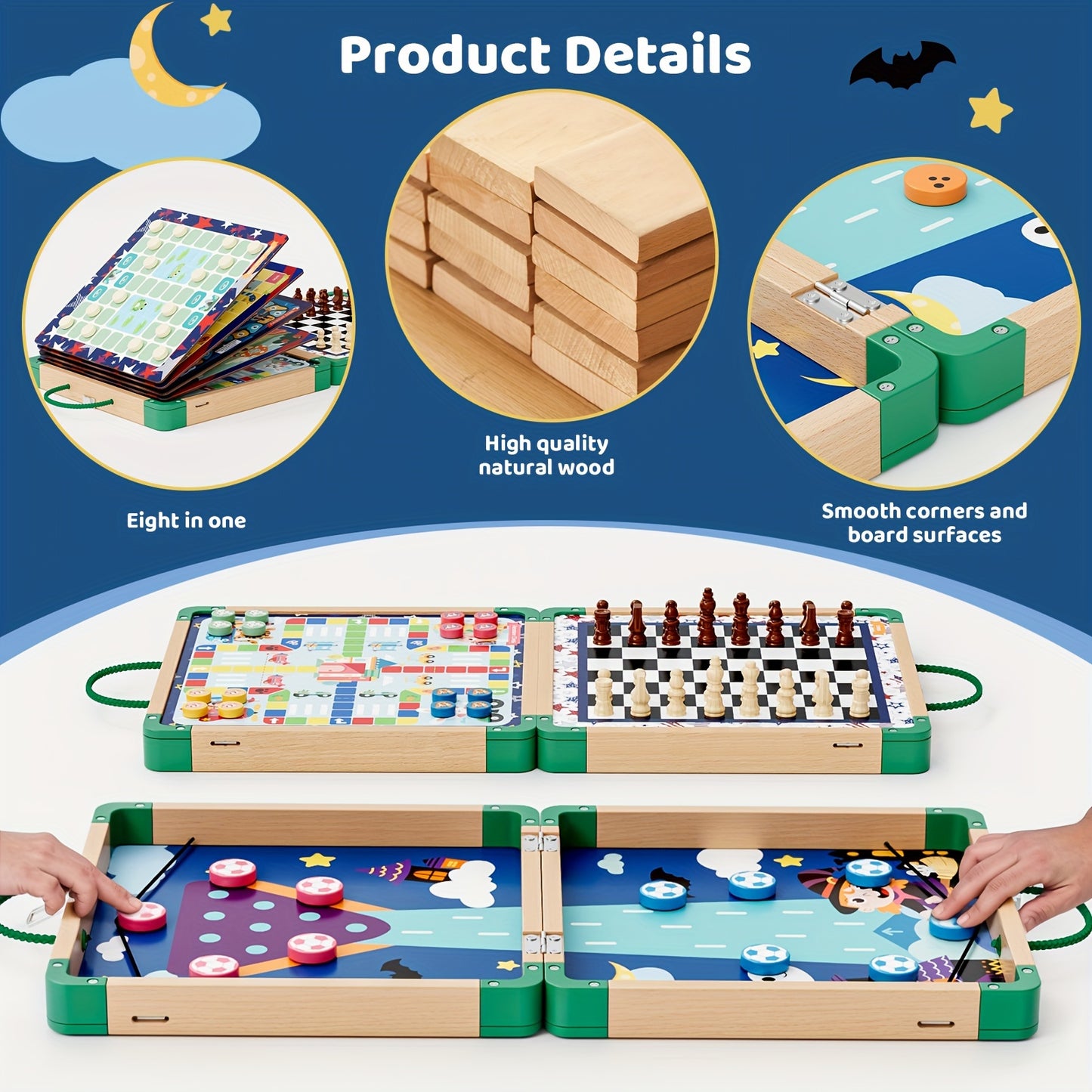 8-in-1 Wooden Board Game Set - Includes Chess, Sling Puck, and More