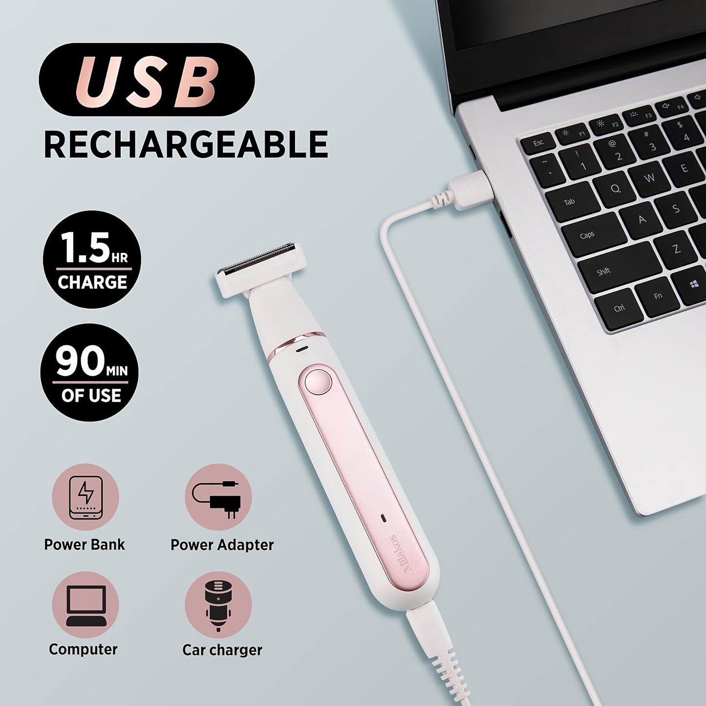 Afeitadora eléctrica recargable por USB 2 en 1 para mujeres, afeitadora corporal indolora y removedora de vello facial