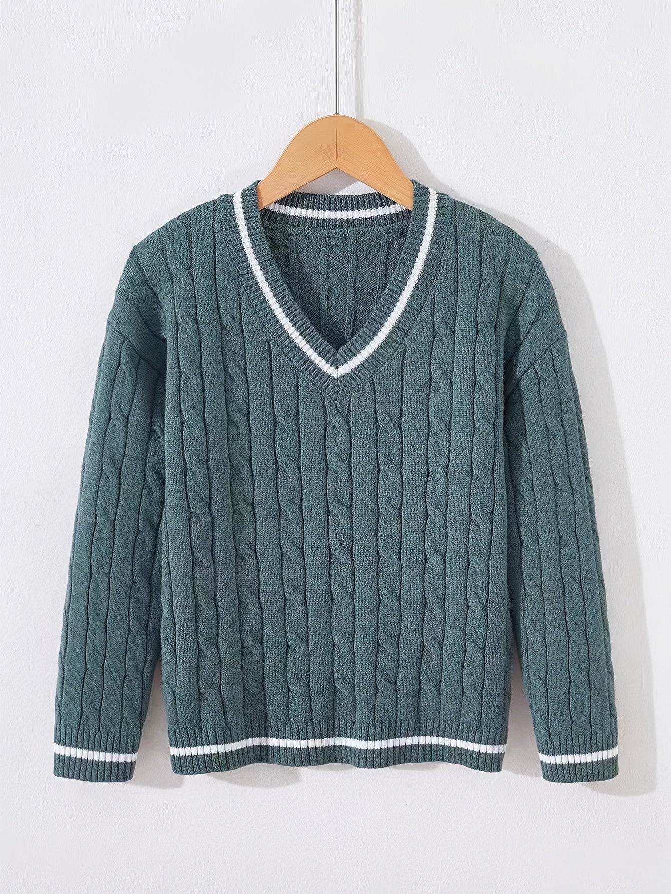 Kid's Preppy V-neck Sweater, Cable Knit, Long Sleeve, Casual, Spring/Fall/Winter