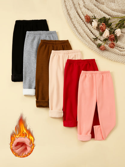 6 Pcs Girls Warm & Thermal & Versatile Solid Colored Fleece Lined Trousers Set For Fall & Winter - Hiccupzz