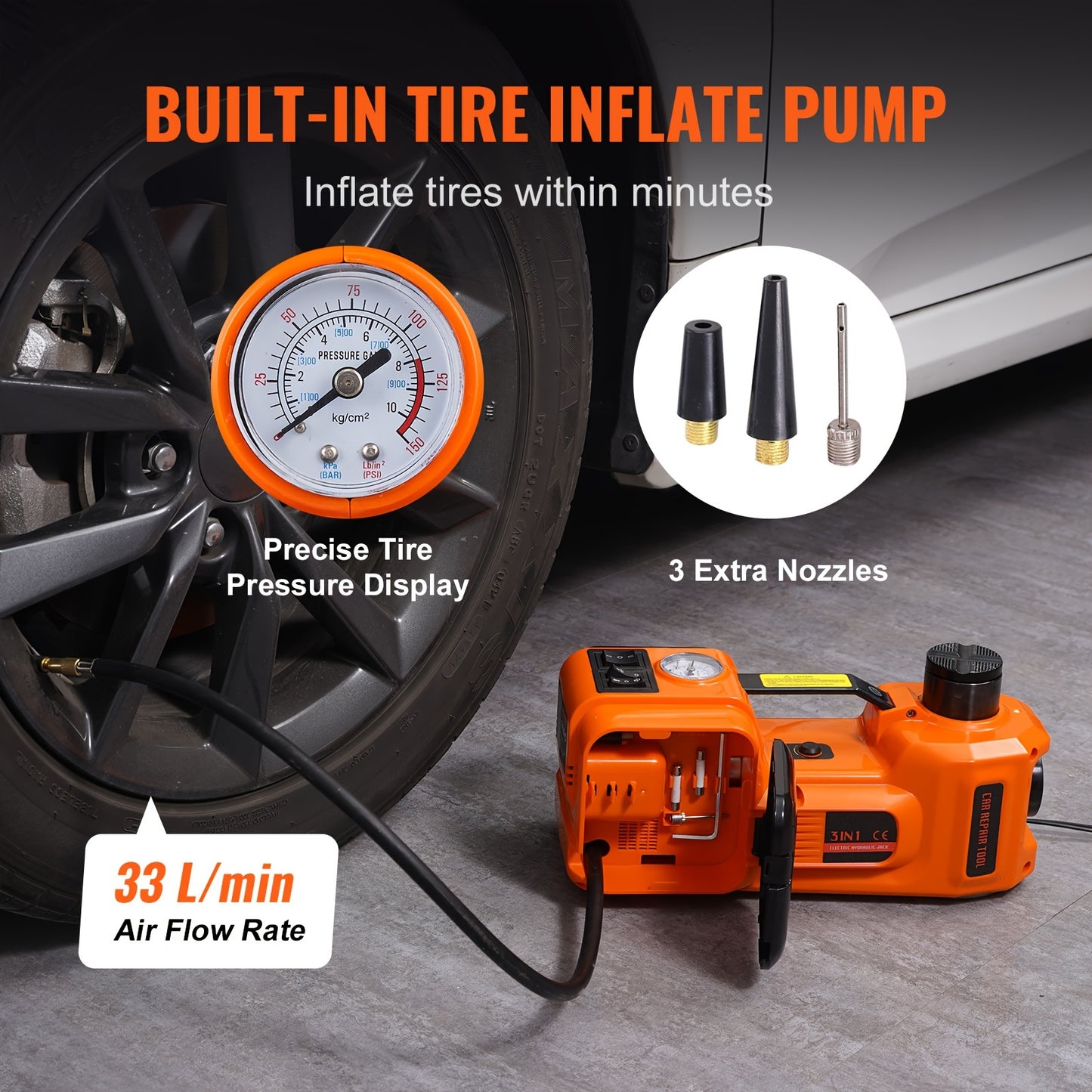 5-Ton Electric Hydraulic Car Jack with Impact Wrench, Built-in Inflator & LED Light for SUV, MPV, Sedan, Truck