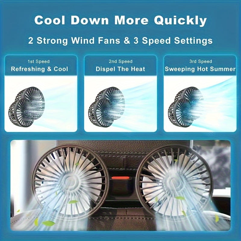 Car Fan - Powerful 12V/24V Dual-Head Electric USB Fan, Portable with Strong Wind for Backseat, Travel, Picnic, and Beach