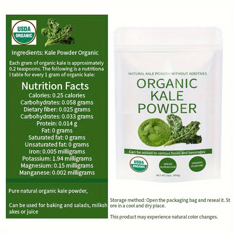 Organic Kale Powder, 16oz Green Food, Pure Natural Kale Powder, Rich In Antioxidants - Used In Smoothies, Beverages, And Organic Superfood For Brewing