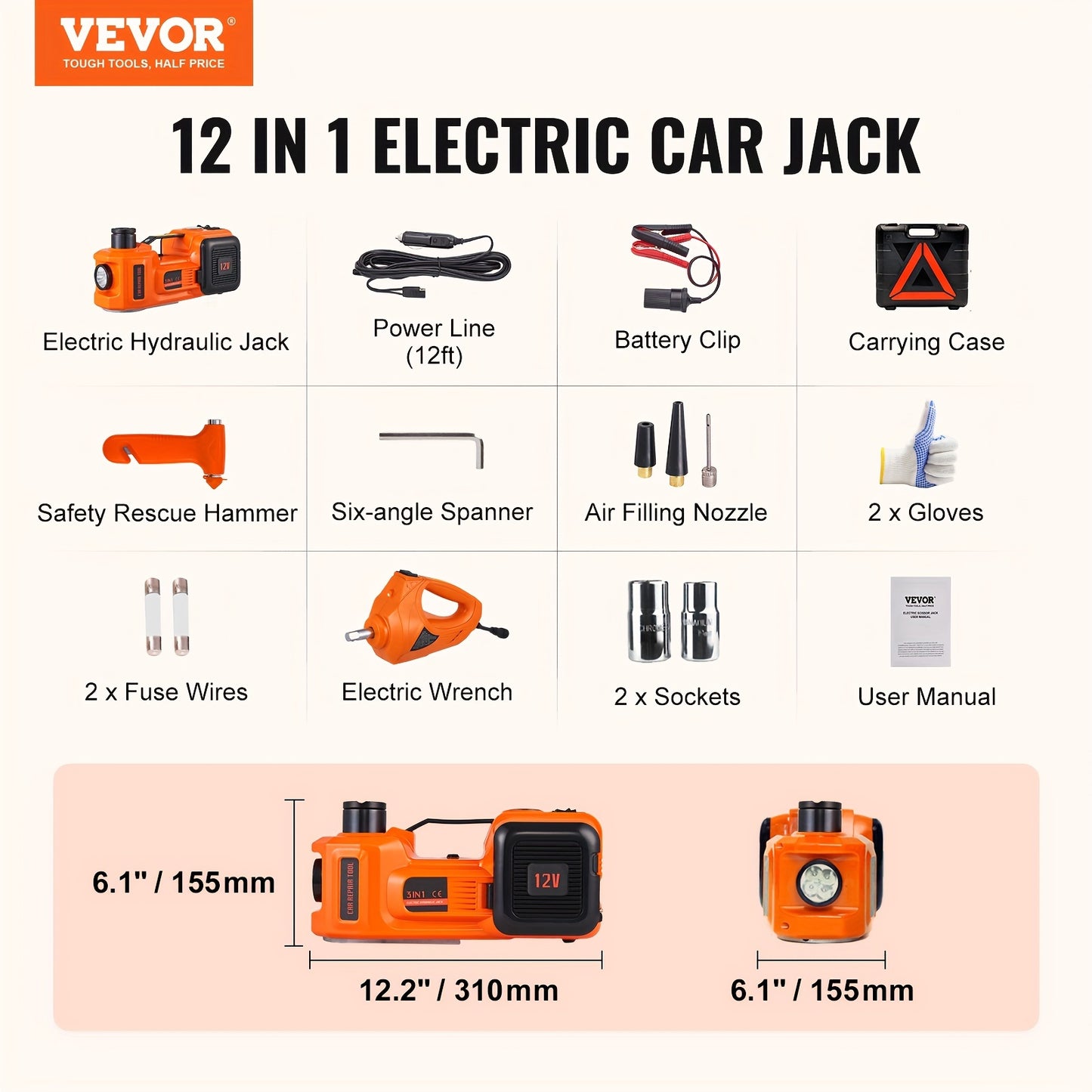 5-Ton Electric Hydraulic Car Jack with Impact Wrench, Built-in Inflator & LED Light for SUV, MPV, Sedan, Truck