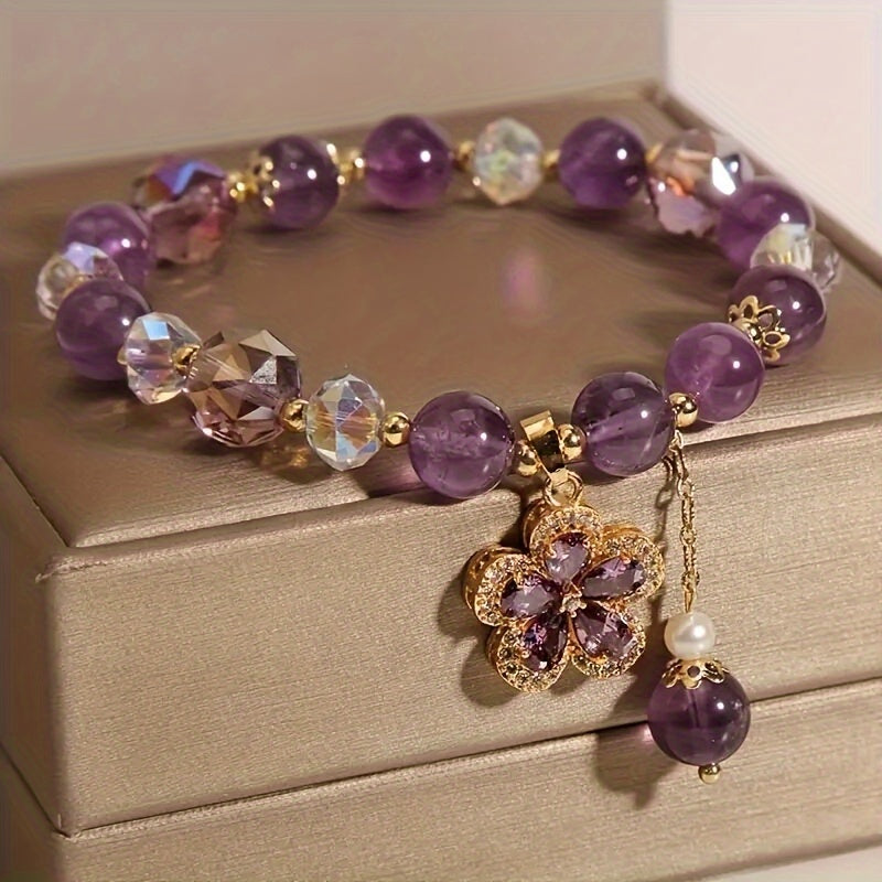 1Pc Fashionable Amethyst Bead Bracelet With Flower Pendent Perfect For Women