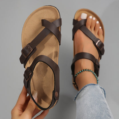 Women's Casual Leather Slides Sandals with Adjustable Buckles, Non-Slip Orthopedic Cork Footbed, Arch Supportive Comfort Fashion Shoes - Hiccupzz