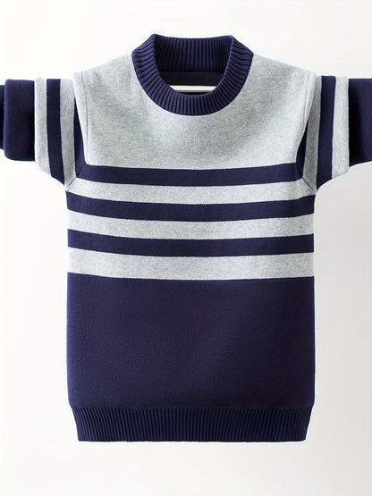 Boys Striped Thick Sweater Round Neck Long Sleeve Stretch Warm Knit Pullover Top Kids Clothes Outdoor - Hiccupzz