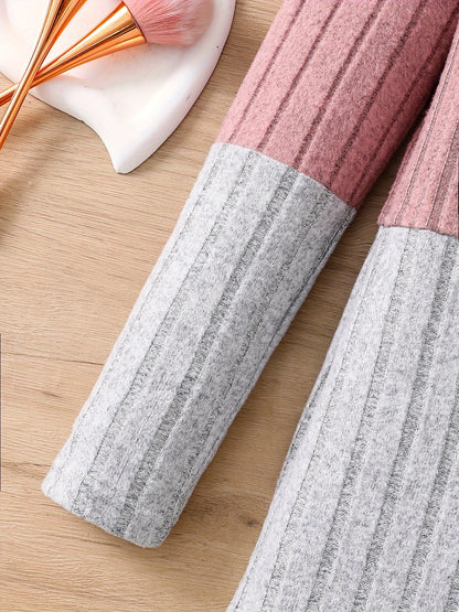 Tween Girls Elegant & Stylish Long Sleeve Color Contrast Ribbed Knitted Dress For Fall & Winter Outdoors - Hiccupzz