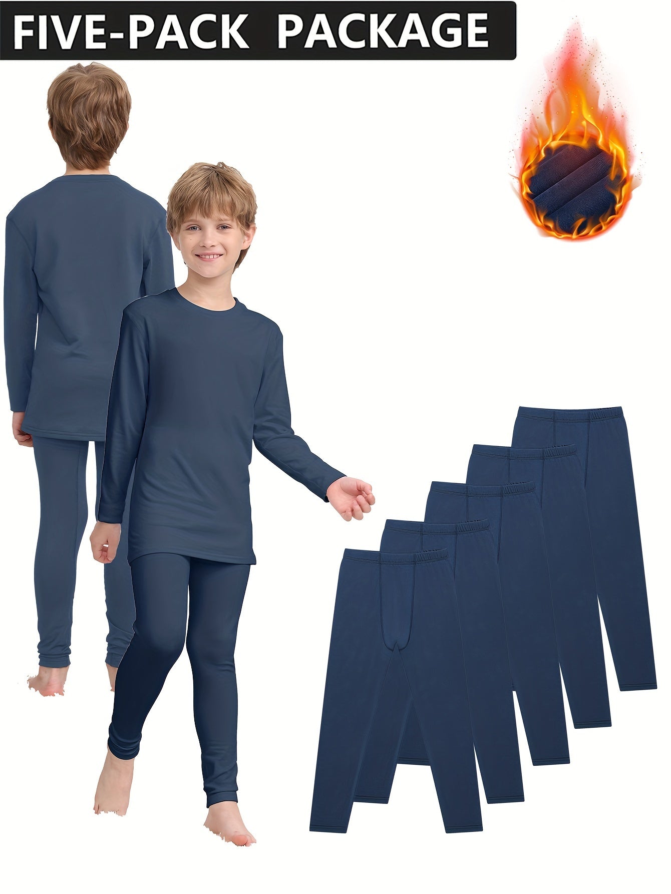 5-Pack Boys' Thermal Leggings - Solid Color, Medium Stretch, Skinny Fit, Comfortable & Soft