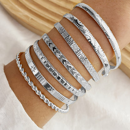 Pieces/Set Retro Ethnic Style Stacking Bracelets with Engraved Textured Openings, Adjustable Iron Bracelet Combinations - Hiccupzz