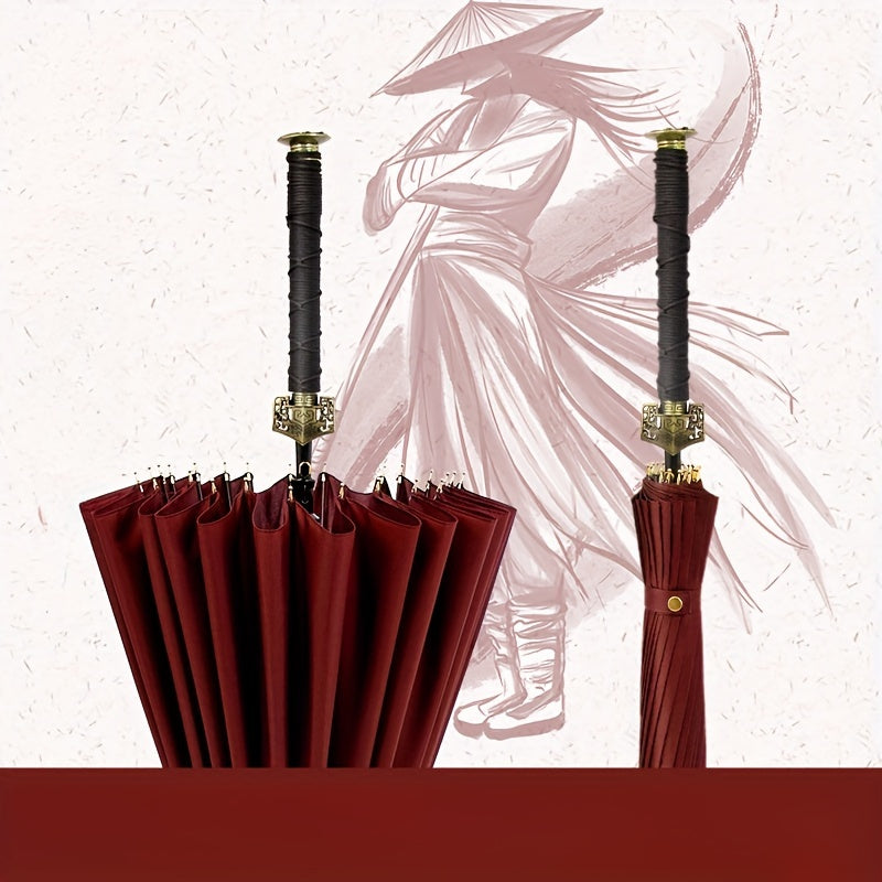 Unique Sword-Shaped Red Umbrella - 16 Windproof Ribs, Waterproof, Ergonomic Handle,