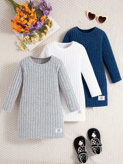 3 Pcs Girls Ribbed Knit Dress Set, Comfy & Elegant, Spring/Fall Dresses - Hiccupzz