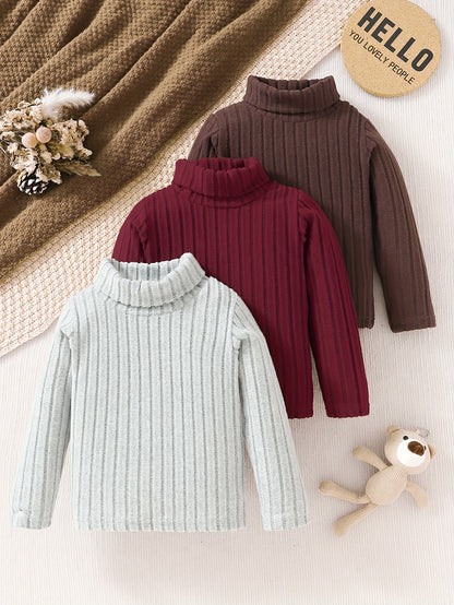 3 Pcs Kid's Solid Turtleneck Sweater, Long Sleeve, Knit Top, Fall/Winter, Gift - Hiccupzz