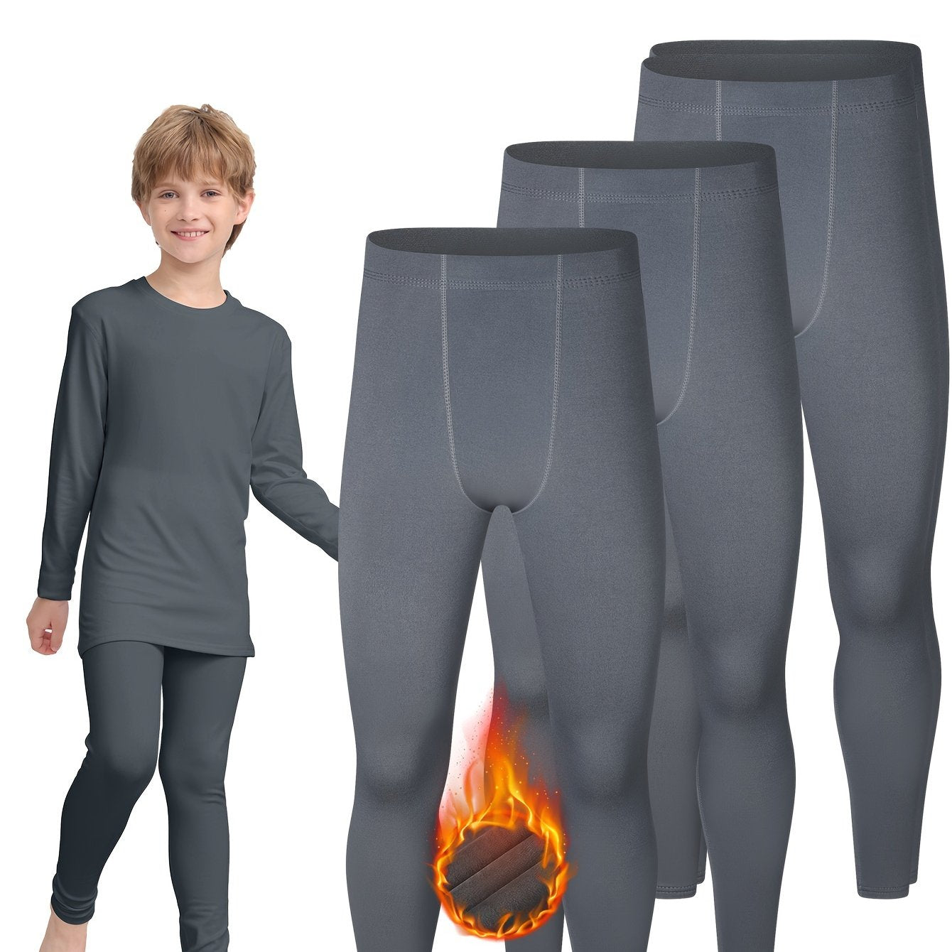 3-Piece Boys' Fleece-Lined Quick-Dry Leggings - Cozy, Stretchy & Warm for Fall/Winter, Soft Fleece & Polyester Blend, Perfect for Outdoor Play & Sports