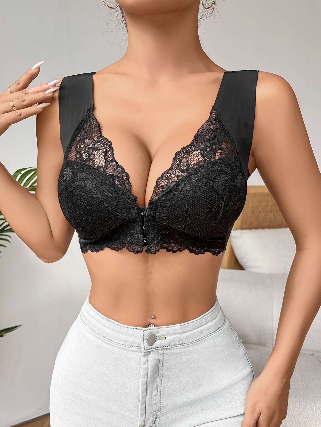 Simple Solid Contrast Lace Front Buckle Bra, Comfy & Breathable Wireless Push Up Bra