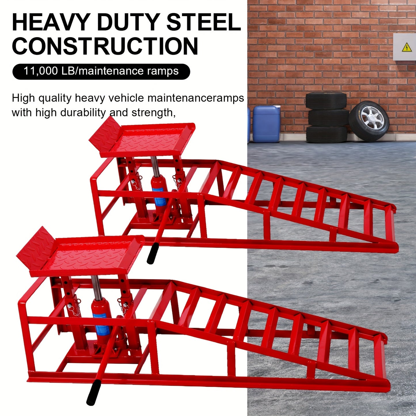 2-Pack Heavy Duty Hydraulic Truck Ramps - 5T/11,000Lbs Capacity, Steel Vehicle Maintenance Platform for Garage, Red