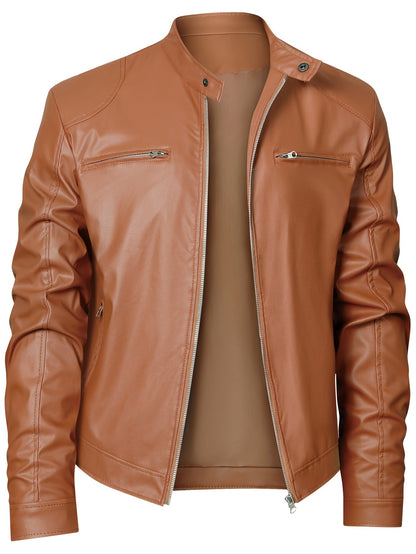 Men's PU Leather Motorcycle Jacket with Zipper Pockets, Autumn/Winter Stand Collar Cardigan Coat - Hiccupzz