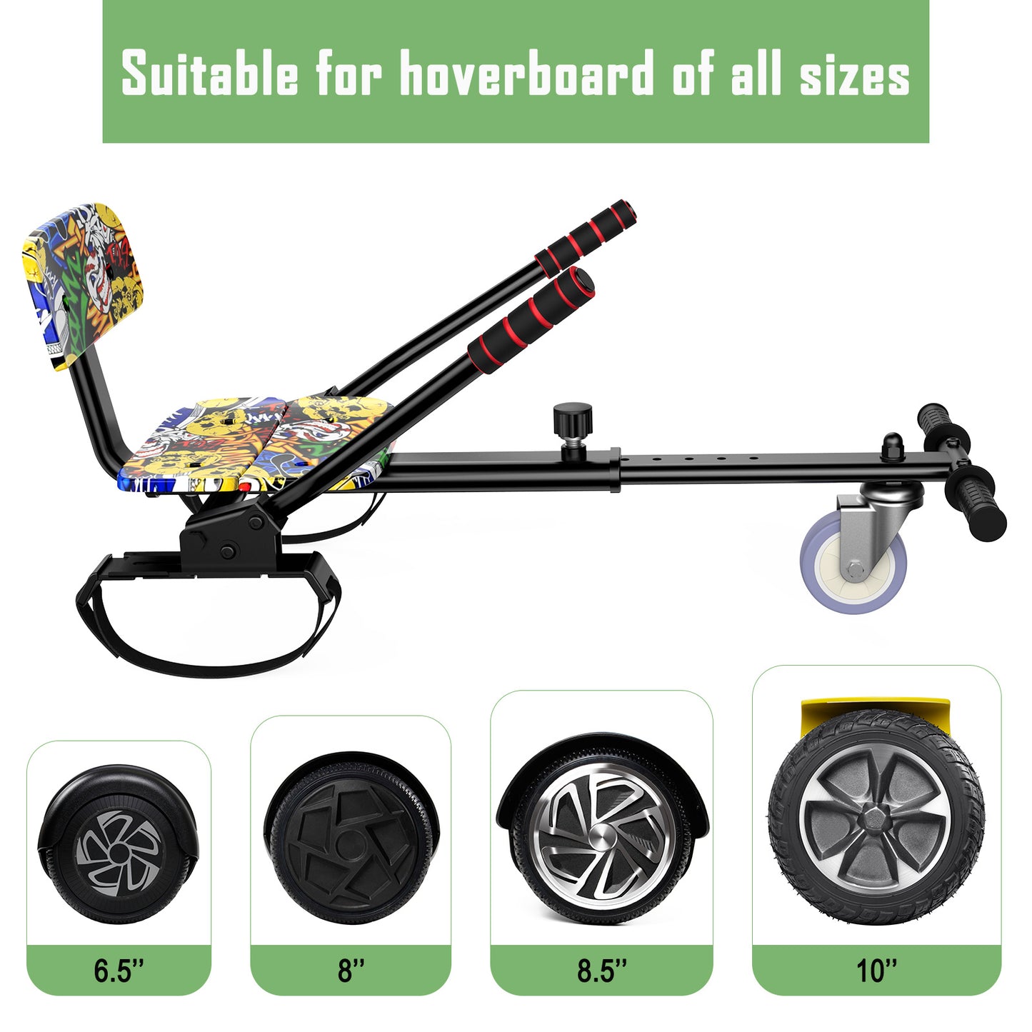 LIEAGLE Hoverboard with Seat Attachment, Flash Wheel Hoverboard with Go Kart, 6.5" Solid Tires, Black-Gray & Graffiti