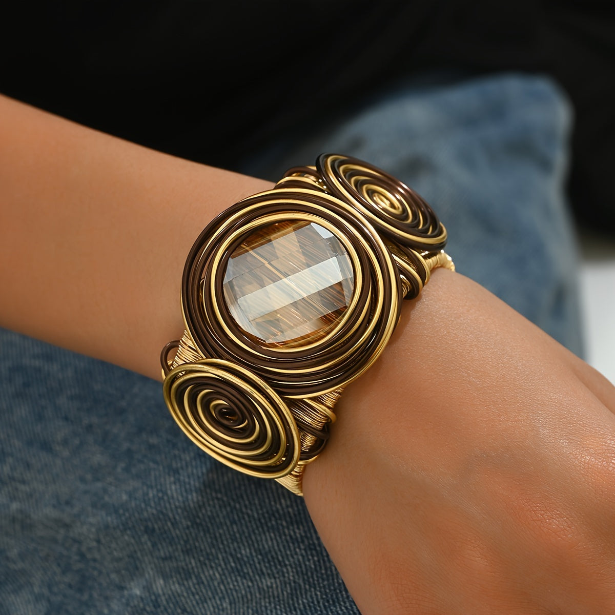 Exquisite Bohemian Style Handmade Open Bangle Bracelet, Round Aluminum Alloy Wire Wrapped, Artificial Crystal Decor