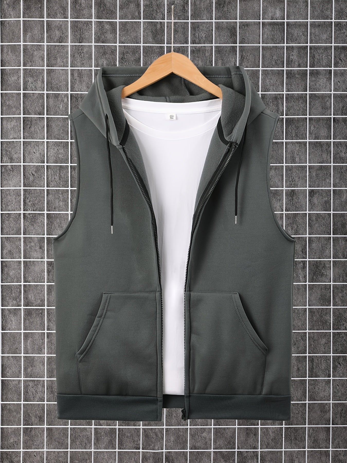 Men's Sleeveless Zip-Up Hoodie Vest with Pocket, Casual Outdoor Activewear