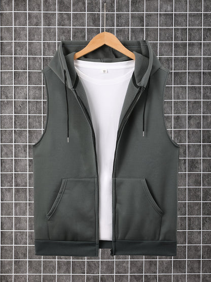 Men's Sleeveless Zip-Up Hoodie Vest with Pocket, Casual Outdoor Activewear - Hiccupzz