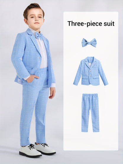 3-Pcs Boys Formal Plaid Gentleman Outfits, Long Sleeve Blazer, Bowtie, Pants Set - Hiccupzz