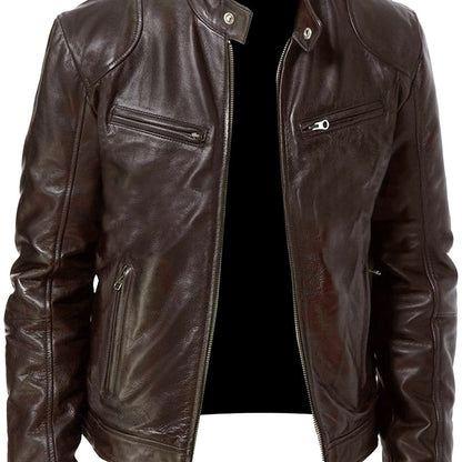 Men's PU Leather Motorcycle Jacket with Zipper Pockets, Autumn/Winter Stand Collar Cardigan Coat - Hiccupzz