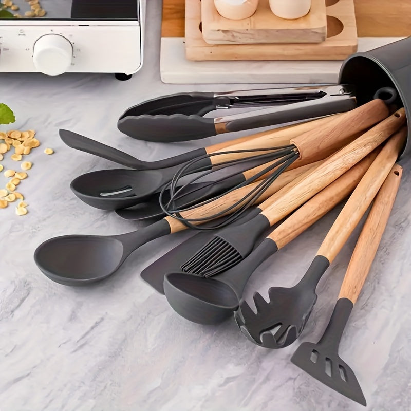 12pcs Non-Stick Silicone Kitchen Utensil Set with Wooden Handles - Safe, Easy to Clean, Ideal for Cooking and Baking