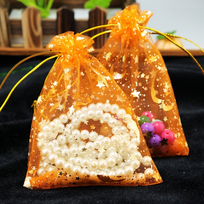 50pcs Bronzing Star Moon Transparent Organza Mesh Bag, Eid al-Fitr Decoration