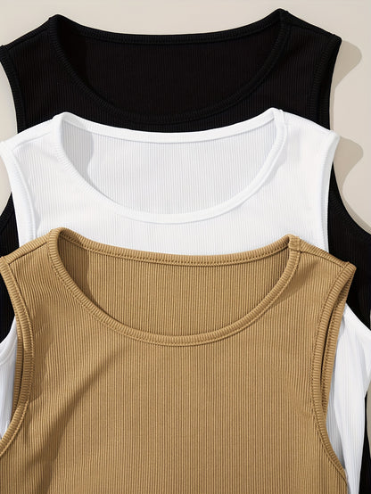 3 Sets Solid Two-piece Sets, Crew Neck Ribbed Tank Bodysuit & Elastic Waist Joggers Outfits, Women's Clothing - Hiccupzz