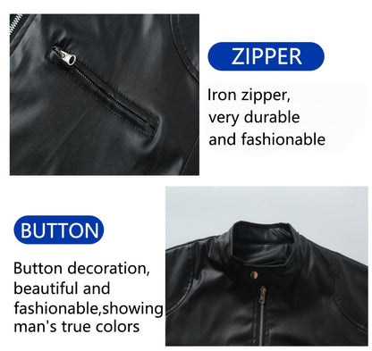 Men's PU Leather Motorcycle Jacket with Zipper Pockets, Autumn/Winter Stand Collar Cardigan Coat - Hiccupzz