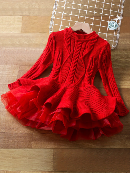 Cute Christmas Tutu Dress for Toddlers – Long Sleeve Mock Neck Knit Dress with Tutu Skirt