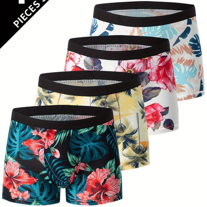 4-Pack Men's Flower Pattern Boxer Briefs - Breathable Antibacterial Sports Shorts for Casual Comfort - Hiccupzz