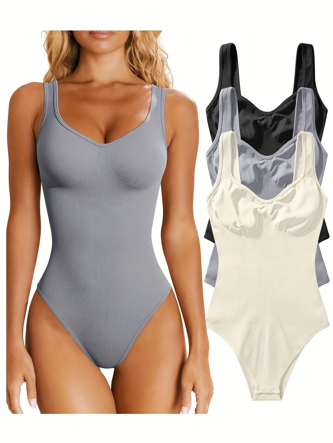 OQQ Women's 3 Piece Bodysuits Sexy Ribbed Sleeveless Shapewear Tank Tops Bodysuits