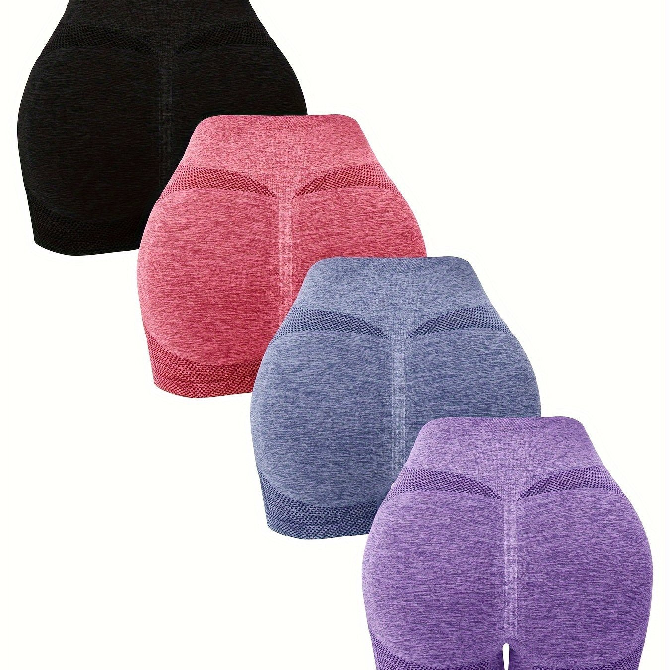 4-Pack Yoga Shorts For Women, Solid Color High-Waisted Slimming Booty Lifting Casual Shorts, Ideal For Sports Fitness Running - Hiccupzz