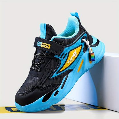 Boys' Sports Casual Running Shoes, Lightweight Microfiber Leather with Hook & Loop, Round Toe, EVA Sole, Striped All-Season Sneakers. - Hiccupzz