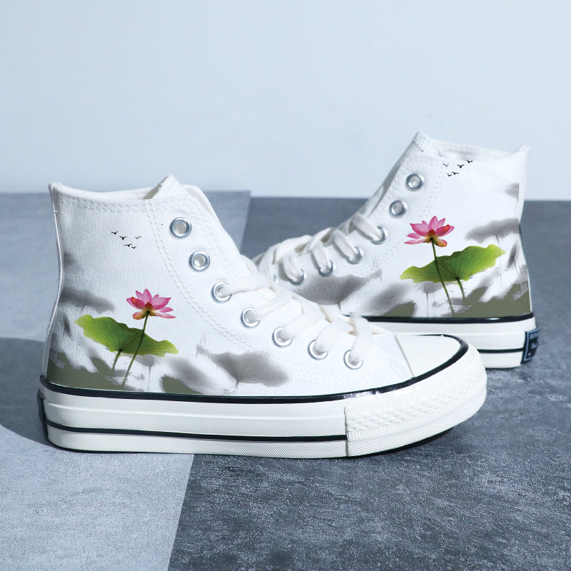 Chinese Style Canvas Shoes Retro Landscape Painting Lotus Pond Bamboo Forest Student High-top Board Shoe