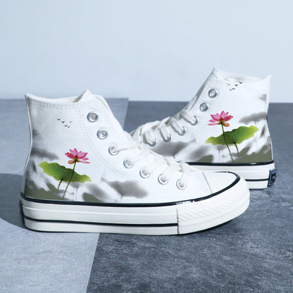 Chinese Style Canvas Shoes Retro Landscape Painting Lotus Pond Bamboo Forest Student High-top Board Shoe - Hiccupzz