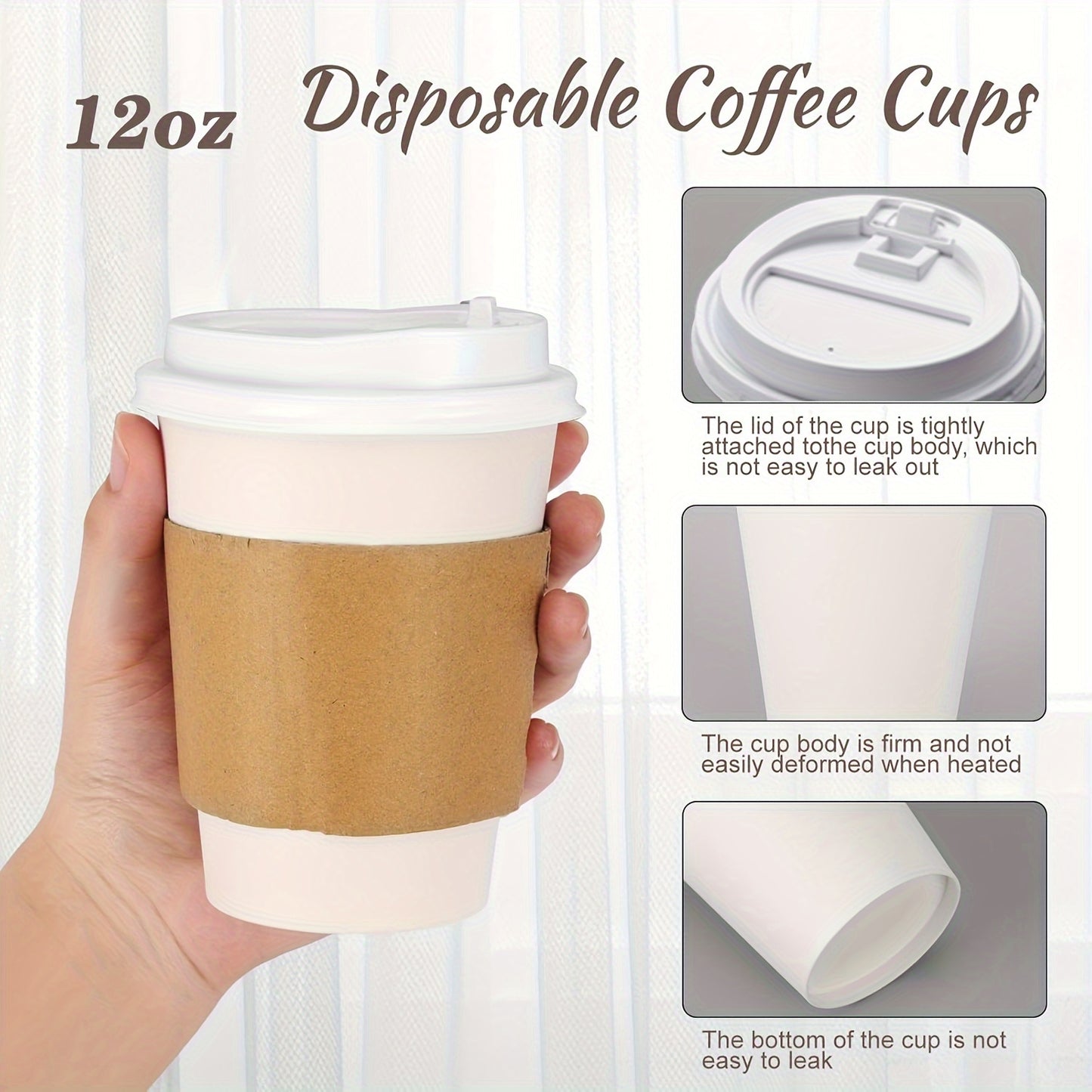 50-Pack Disposable Coffee Cups with Lids & Sleeves - 12/16 oz Eco-Friendly White Paper Cups, Black Lids for Hot Drinks, Tea, or Chocolate