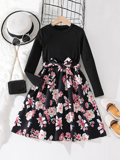 Girls' Floral Spliced Dress, Long Sleeves, Round Neck, Belted, Party Dress - Hiccupzz