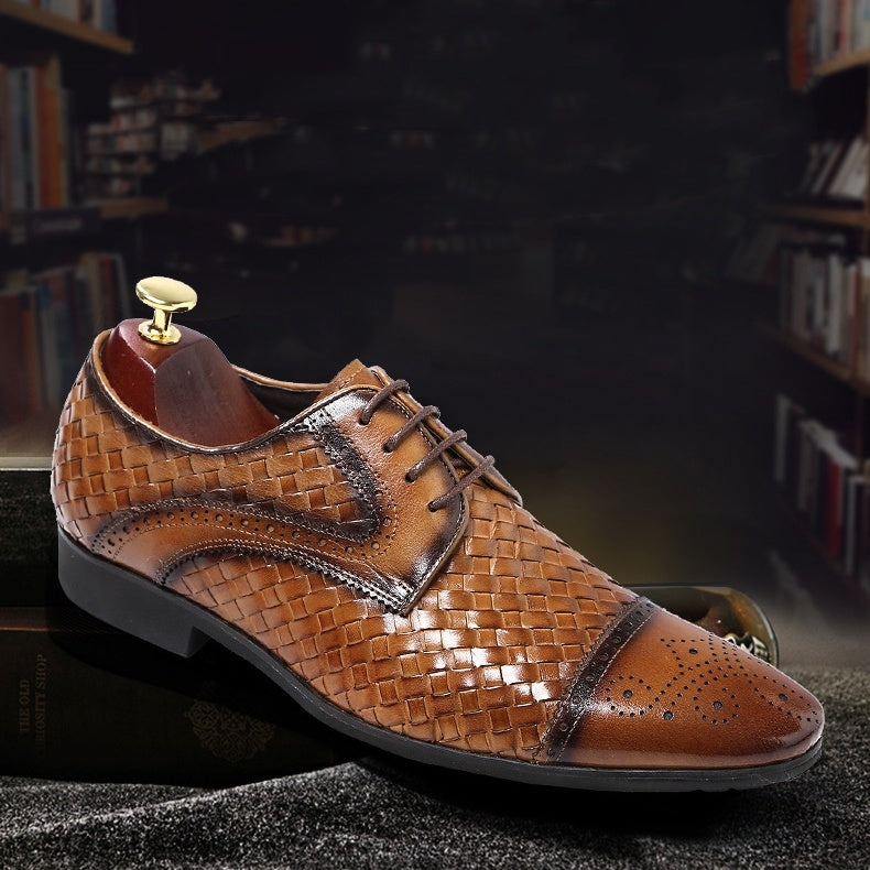 Men's New British Woven Pointed Business Leather Shoes