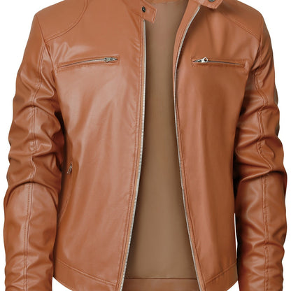 Men's PU Leather Motorcycle Jacket with Zipper Pockets, Autumn/Winter Stand Collar Cardigan Coat - Hiccupzz