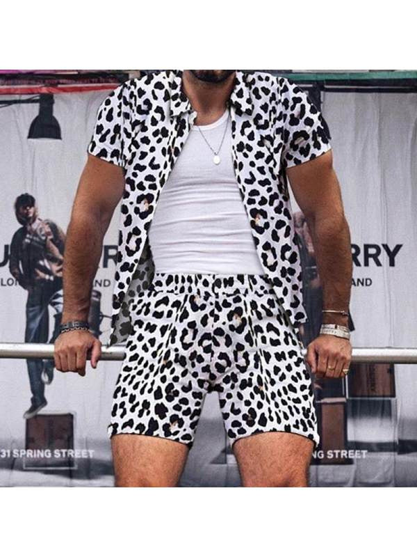 Men's Casual Comfortable Beach Leopard Print Short Sleeve Shorts Suit Two-piece Set