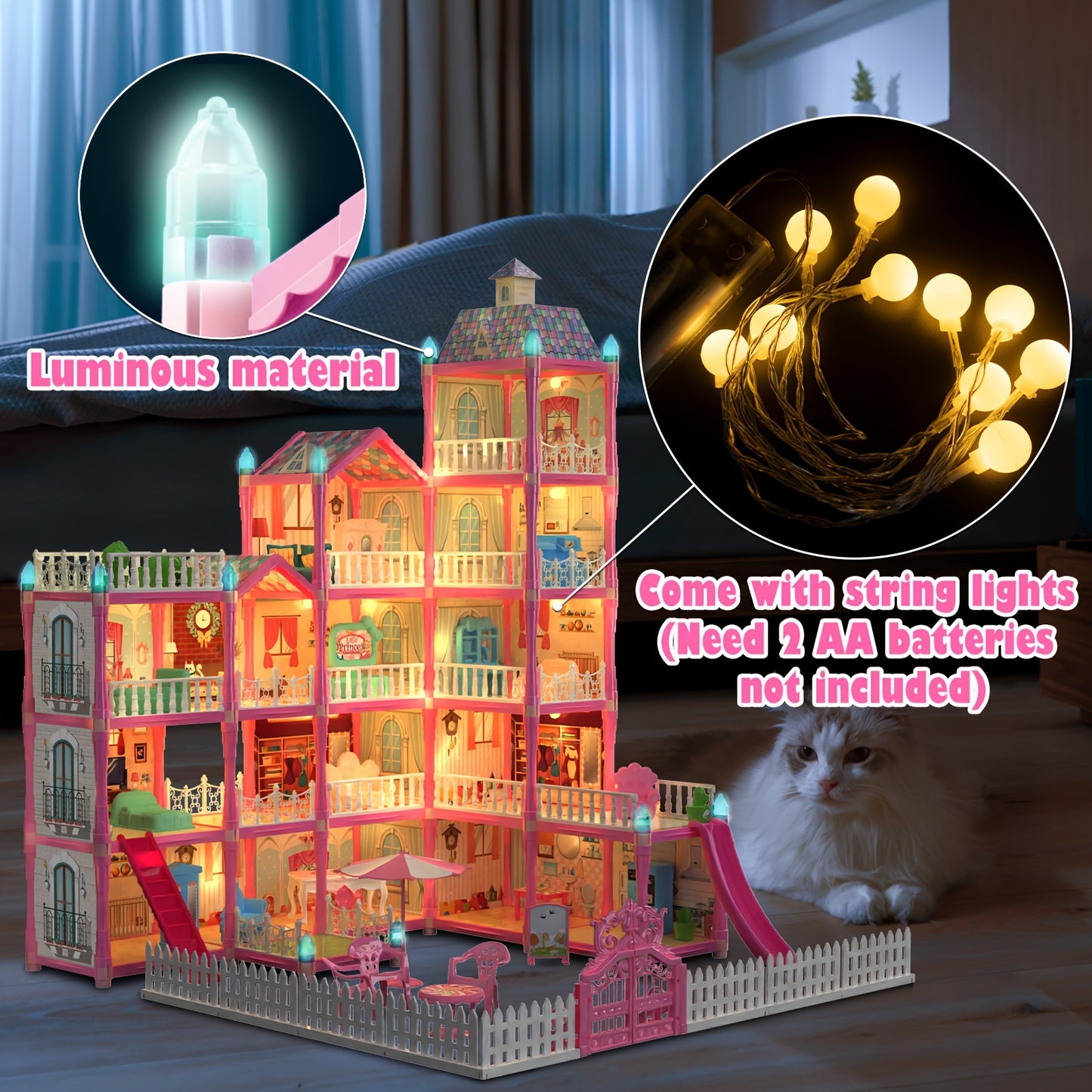 374 Pcs 15 Rooms Doll House For Girls, Princess Playhouse With Lights, Dolls Furniture Accessories,