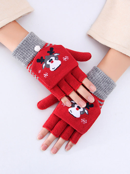 Reindeer Knit Flip Fingerless Gloves