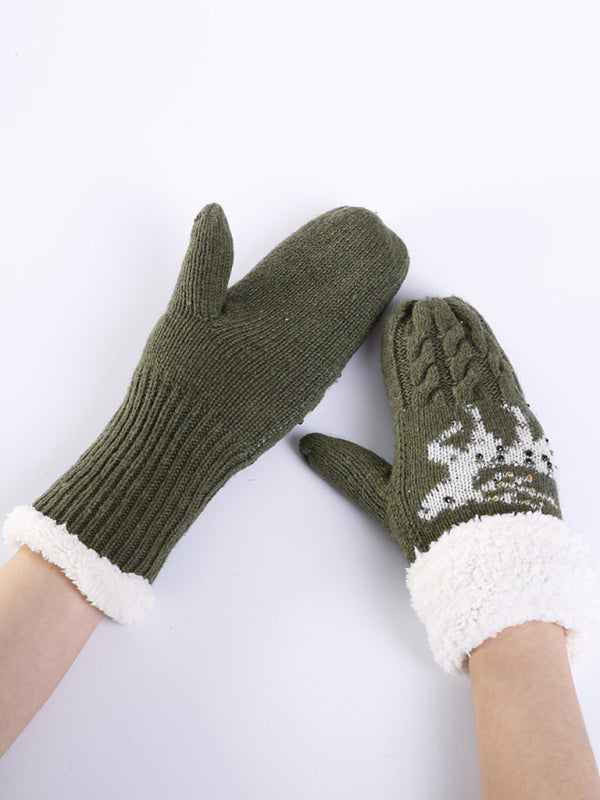 Women's Christmas Fawn Hot Diamond Wool Tie Warm Gloves