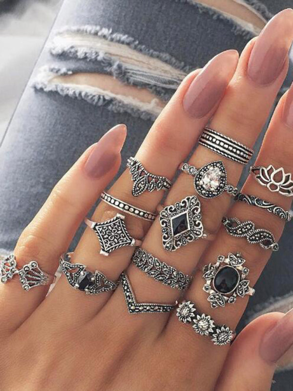 Jewelry 15-piece ring personality hollow lotus sunflower geometric black stone set ring - Hiccupzz