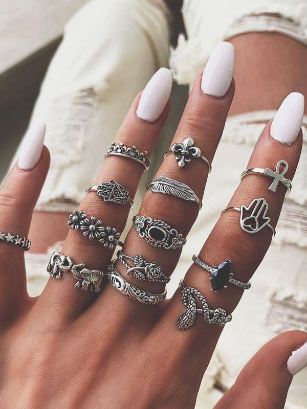 Jewelry 15-piece ring personality hollow lotus sunflower geometric black stone set ring - Hiccupzz
