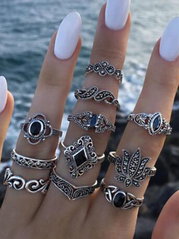 Jewelry 15-piece ring personality hollow lotus sunflower geometric black stone set ring - Hiccupzz